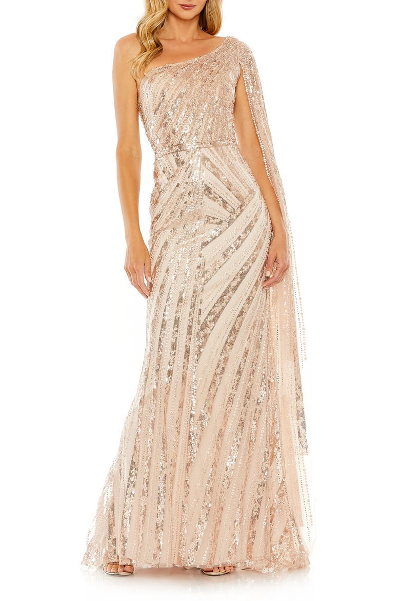 Women's Sequin One-Shoulder Evening Gown with Sheer Cape Sleeve, Main, color, ROSE GOLD