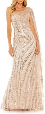 Mac Duggal Women's Sequin One-Shoulder Evening Gown with Sheer Cape Sleeve