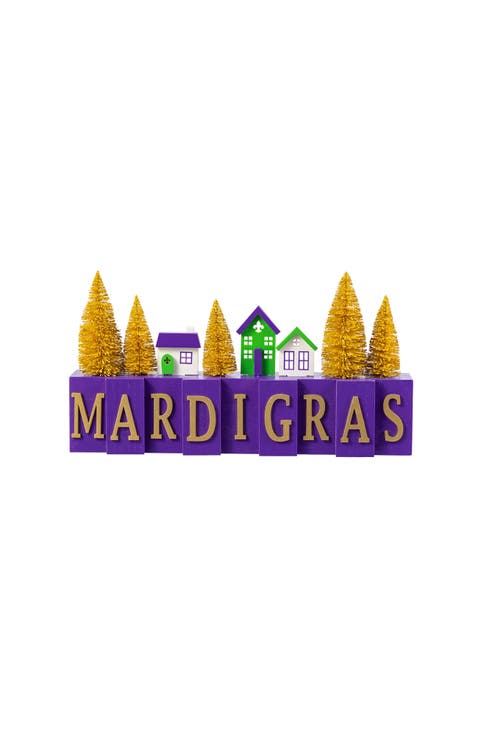 Mardi Gras Wooden House Brush Trees Table Decor