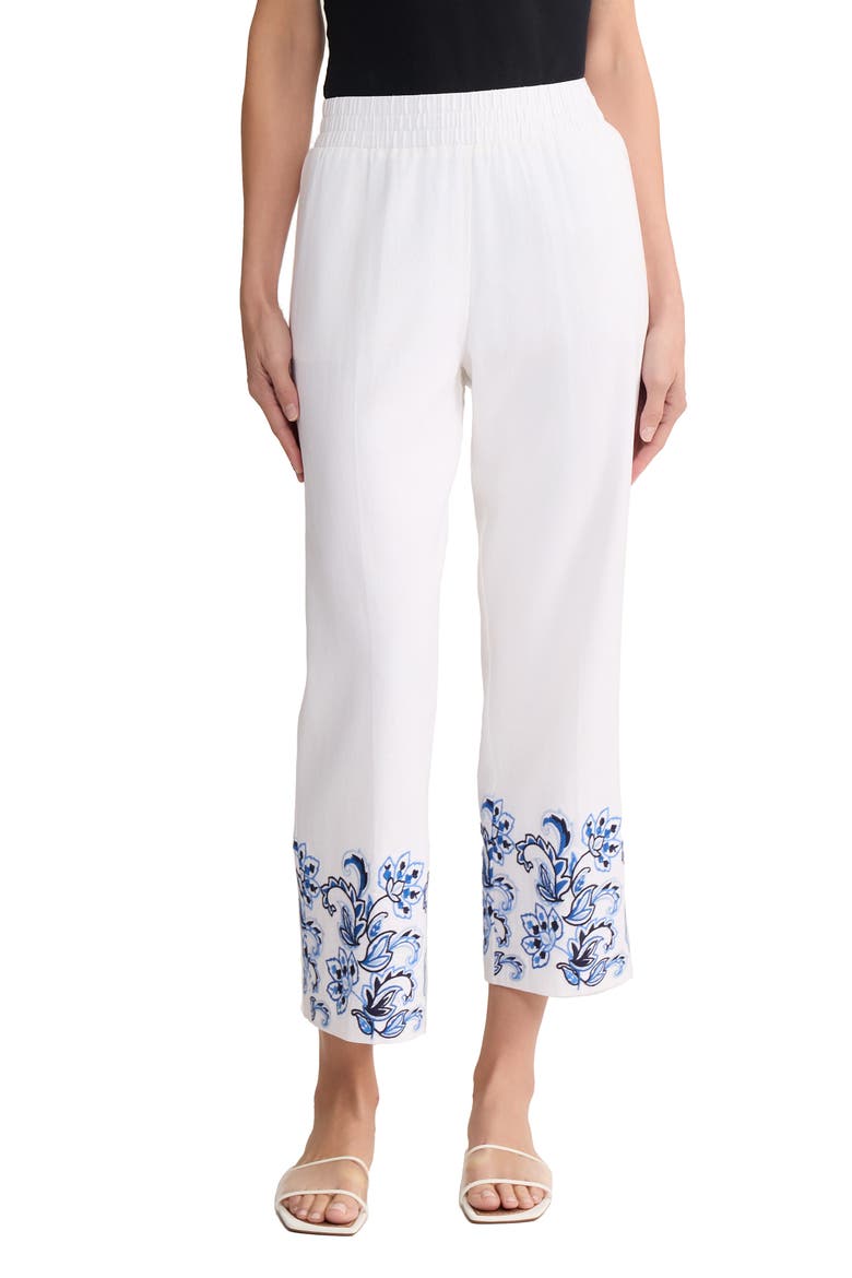 Embroidered Hem Crop Linen Blend Pants, Main, color, BLUE HORIZON