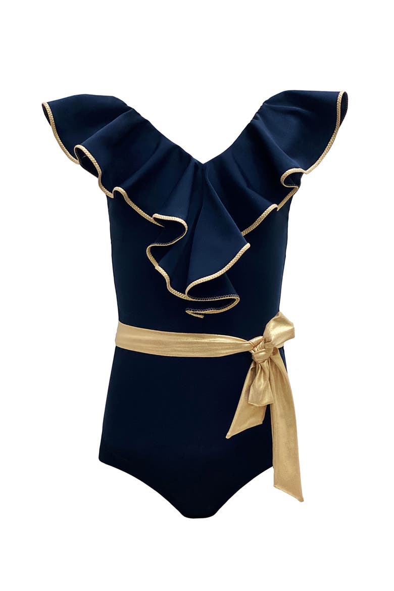 Gilded-Edge Ruffle V-Neck Belted One Piece Swimsuit, Toddler-Little Kid,Big Kid, Main, color, Black