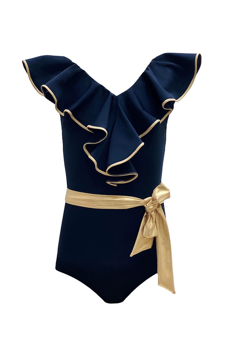 NESSI BYRD Gilded-Edge Ruffle V-Neck Belted One Piece Swimsuit, Toddler-Little Kid,Big Kid, Main, color, Black