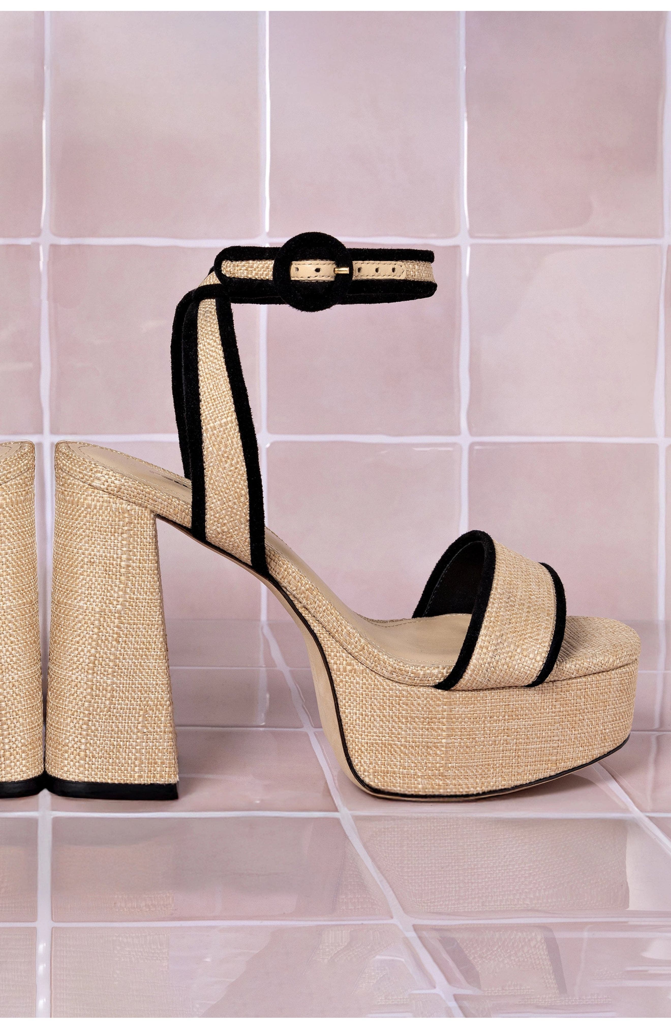 Larroudé Dolly Sandal, Alternate, color, Beige Raffia And Black