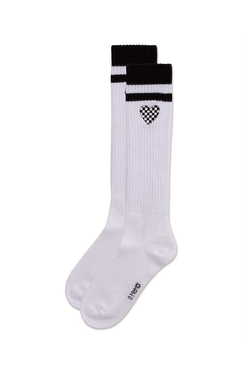 MeMoi Ribbed Varsity Stripe Checkered Heart Rich Knee Sock, Alternate, color, Black