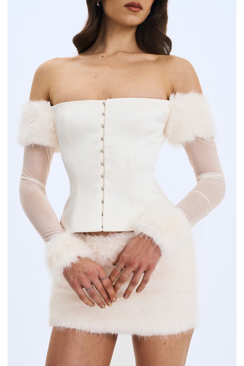 Nola Off-Shoulder Faux Fur Trimmed Top, Main, color, Ivory