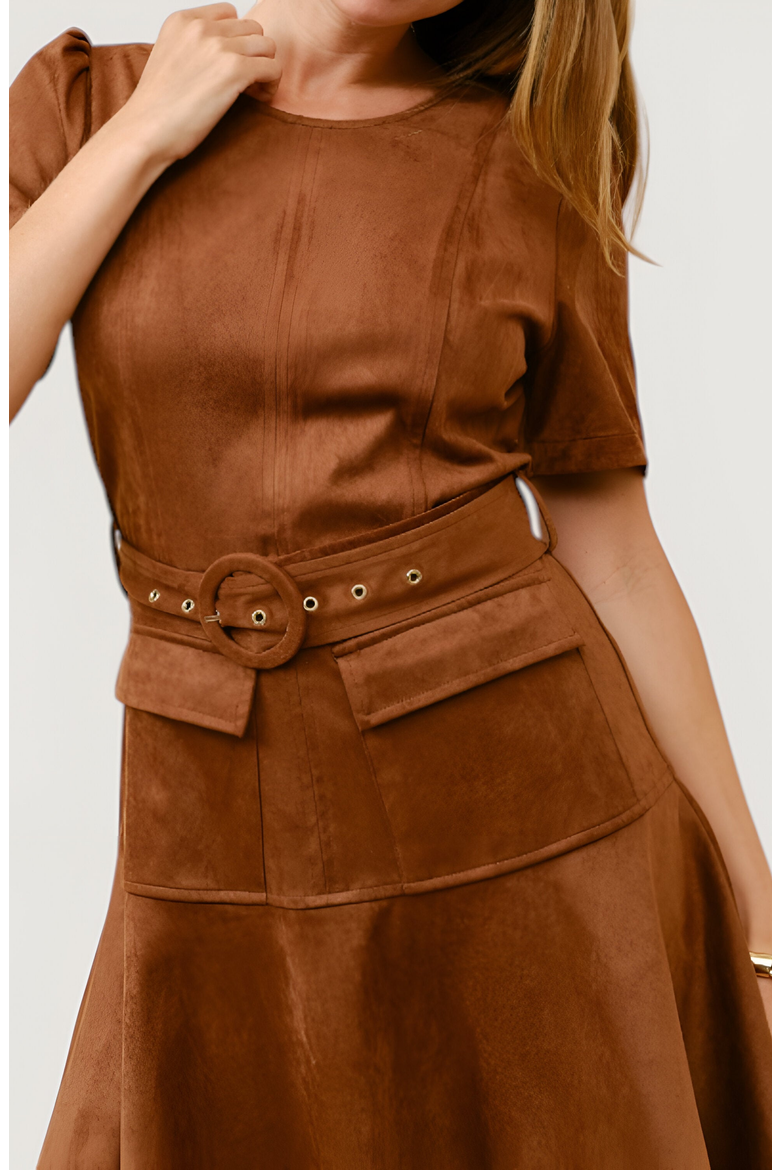 Short Sleeve Mini Dress with Belted Waist and Utility Pockets, Alternate, color, Brown