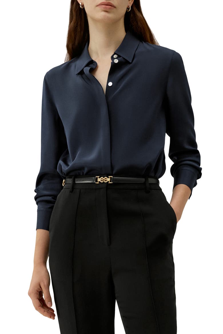Women's Graceful Button Up Silk Blouse, Main, color, Midnight Blue