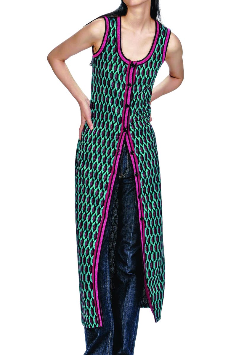 Anna Sui Glitter Geo Jacquard Long Vest, Alternate, color, Teal