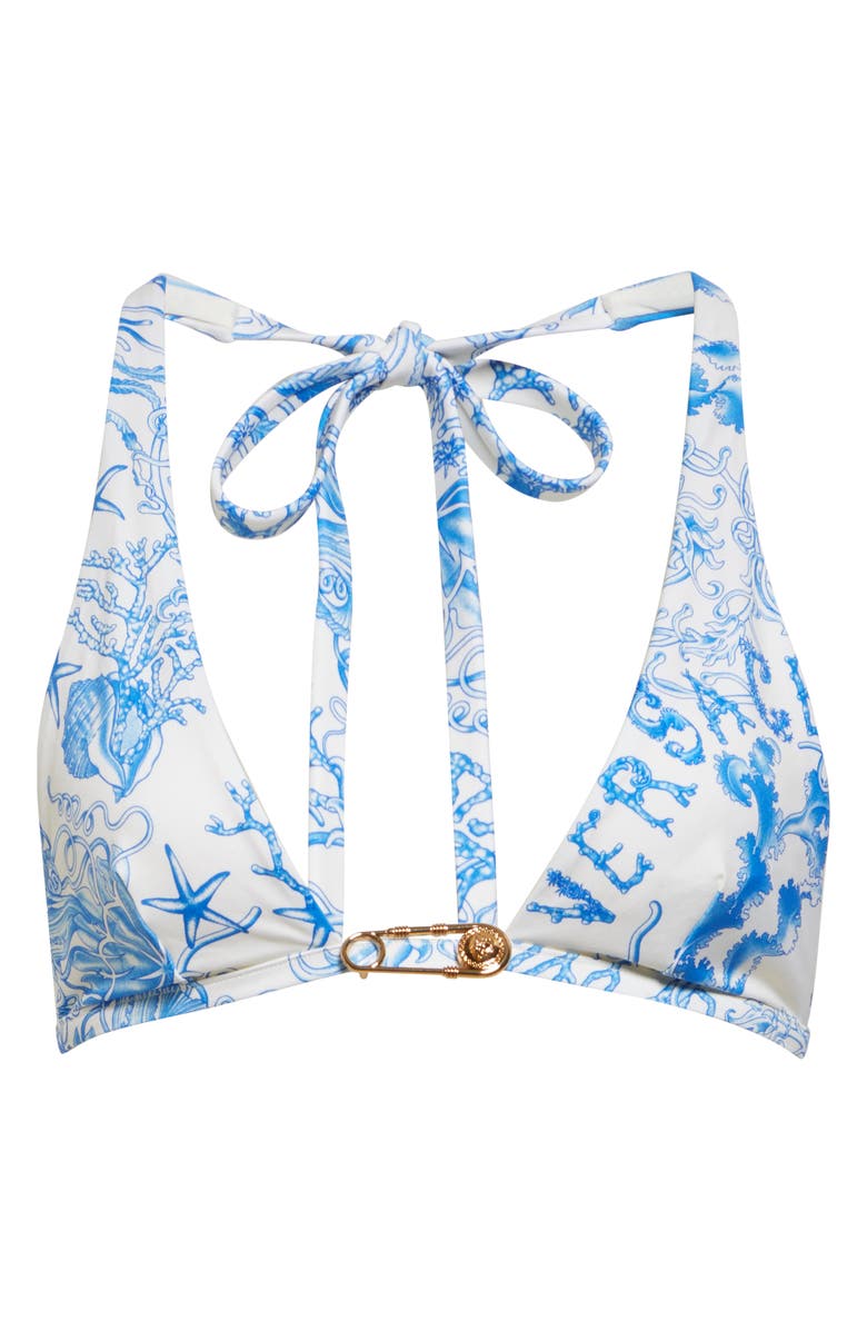 Versace Underwater Barocco Safety Pin Triangle Bikini Top, Alternate, color, Eggshell Bright Blue