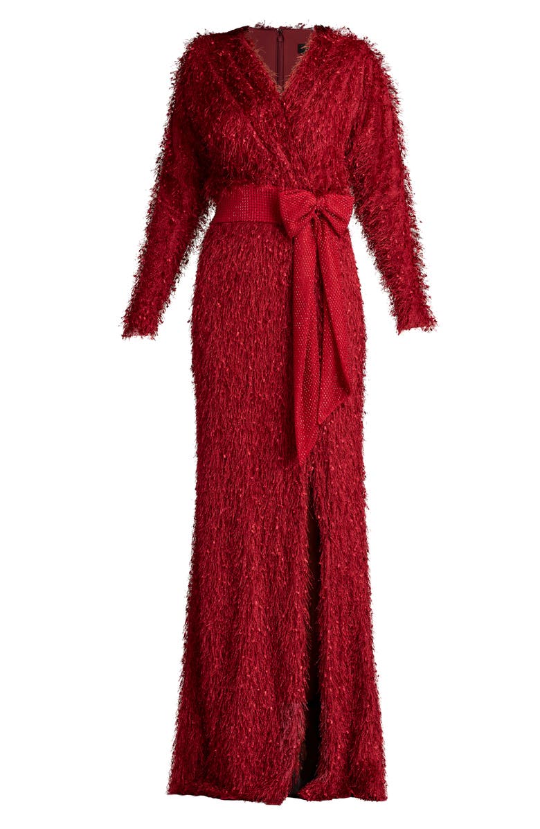 Tadashi Shoji Allover Fringe Long Sleeve Gown, Alternate, color, 