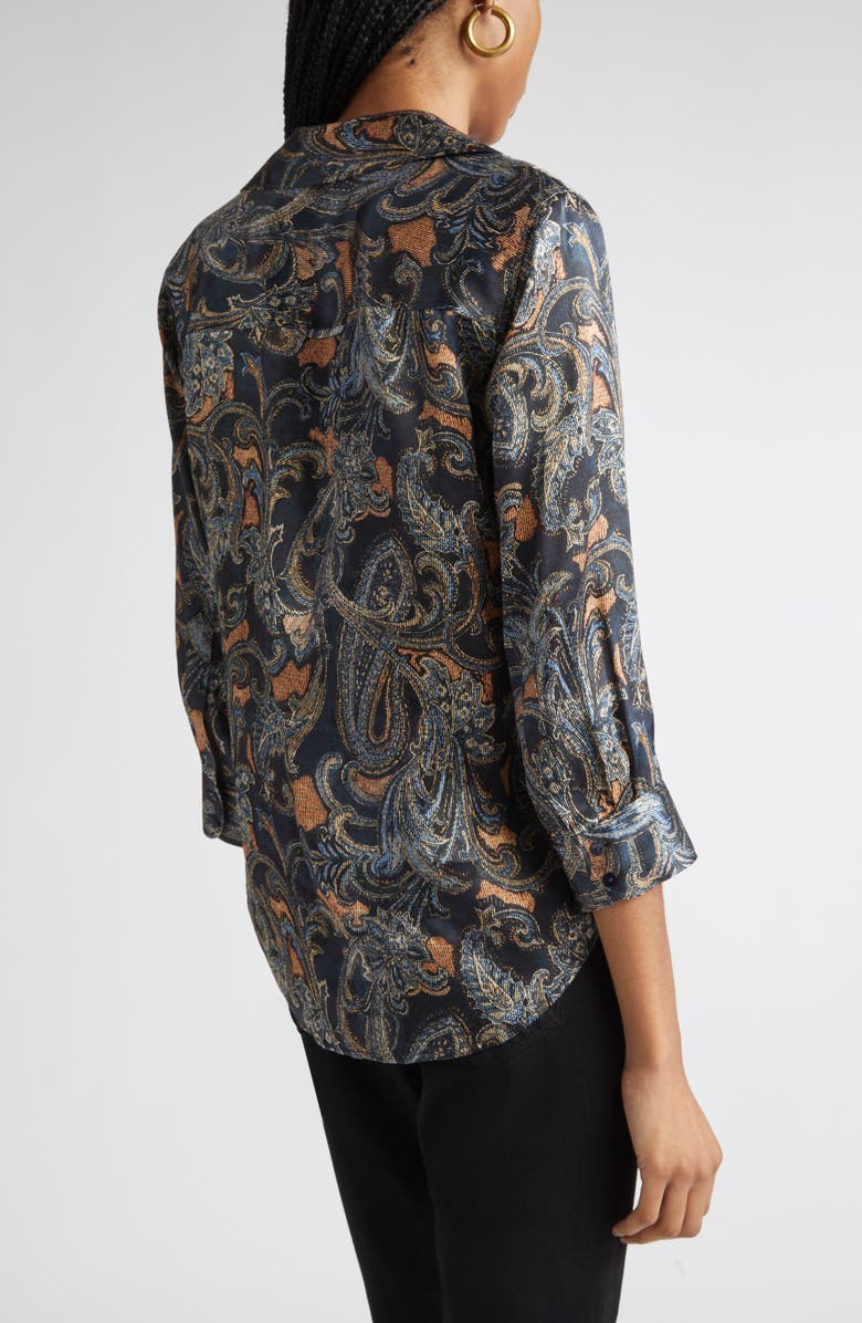 L'AGENCE Dani Print Three-Quarter Sleeve Silk Button-Up Shirt, Alternate, color, Midnight Multi Etched Paisley