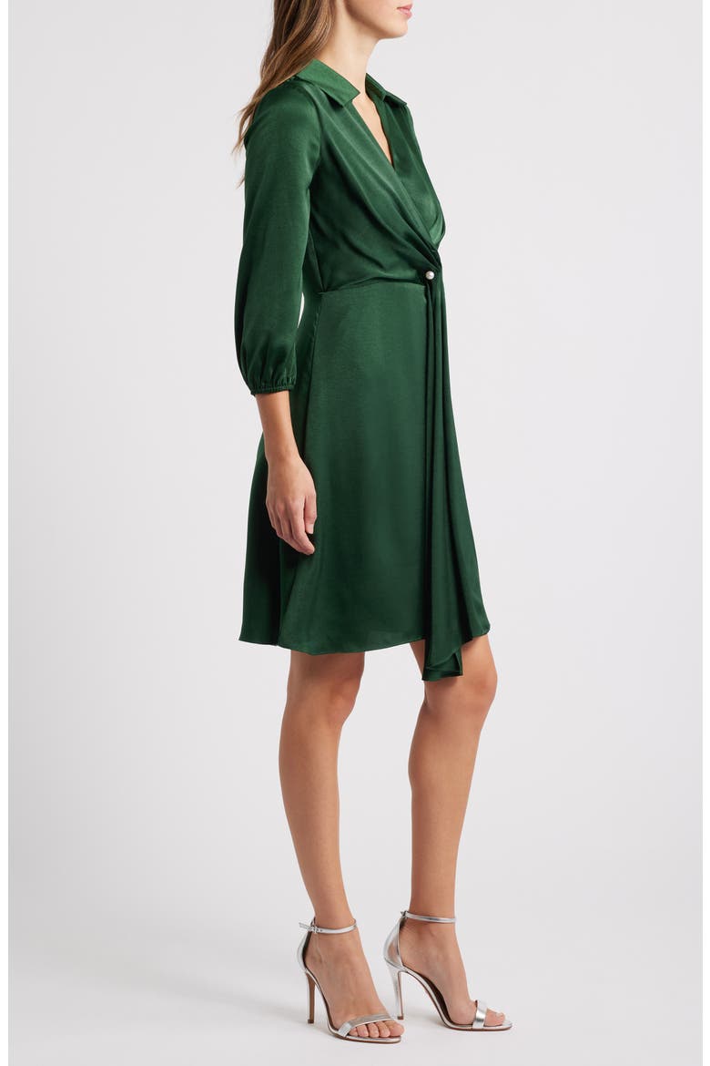 Faux Pearl Clasp Detail Satin Shirtdress, Alternate, color, GREEN