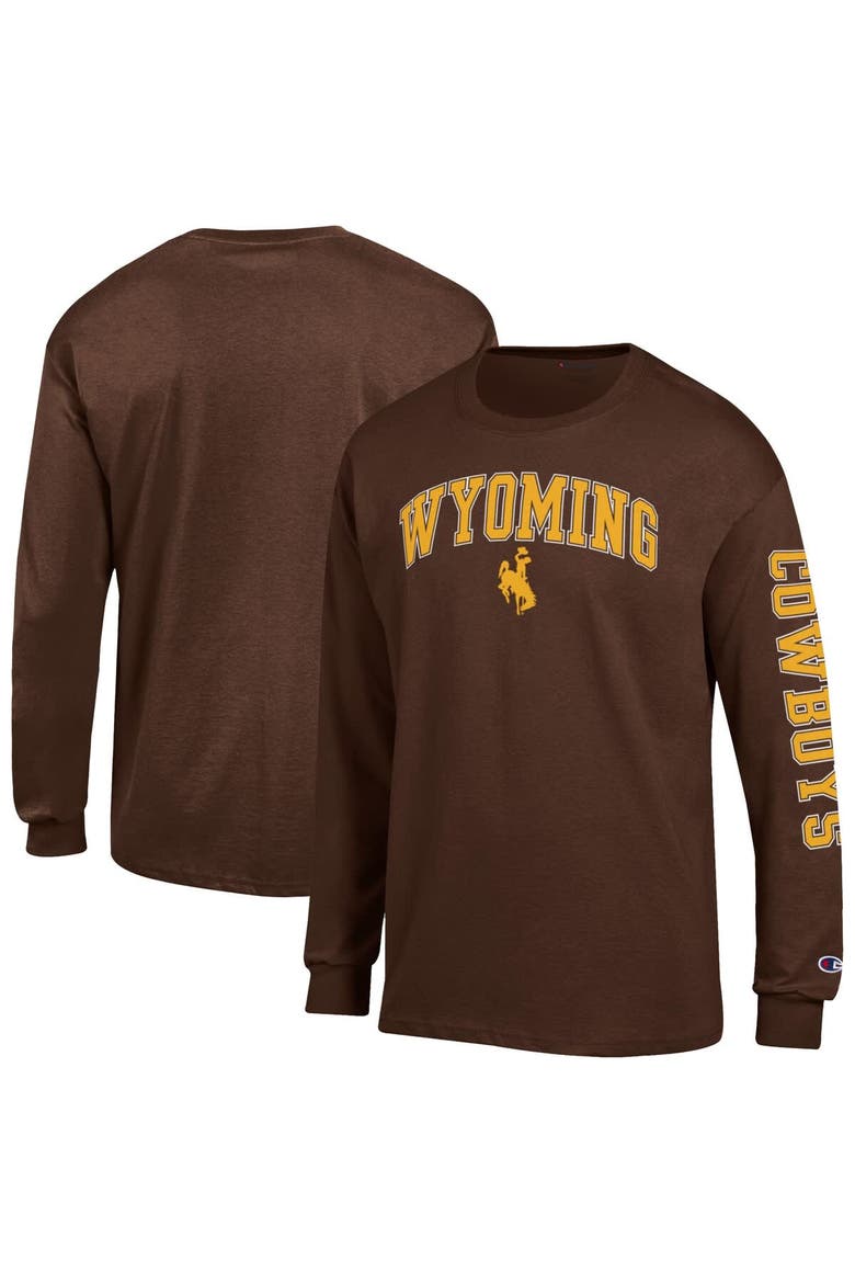 Men's Champion  Brown Wyoming Cowboys Arch Over Logo 2-Hit Long Sleeve T-Shirt, Alternate, color, Brown