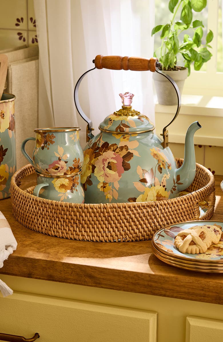 MACKENZIE CHILDS Wild Rose Slate Enameled Steel & Rattan Tray, Alternate, color, Blue