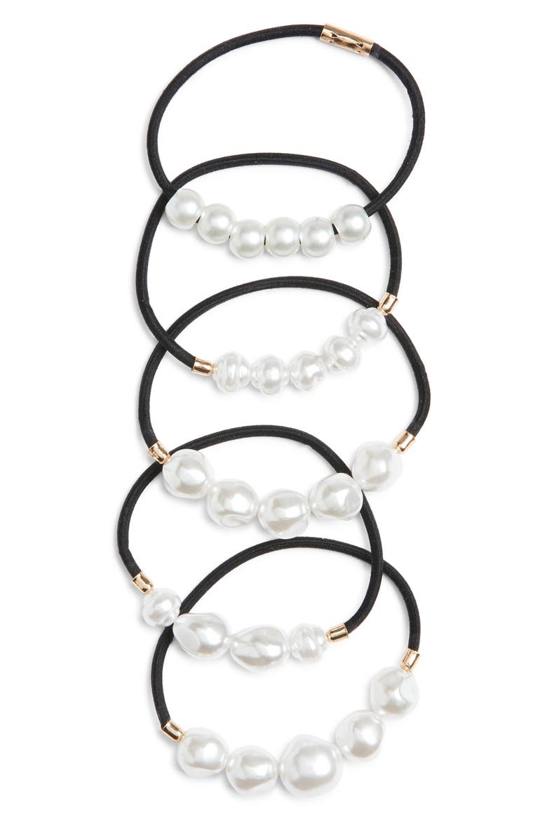 5-Pack Faux Pearl Ponytail Holders, Main, color, BLACK- WHITE