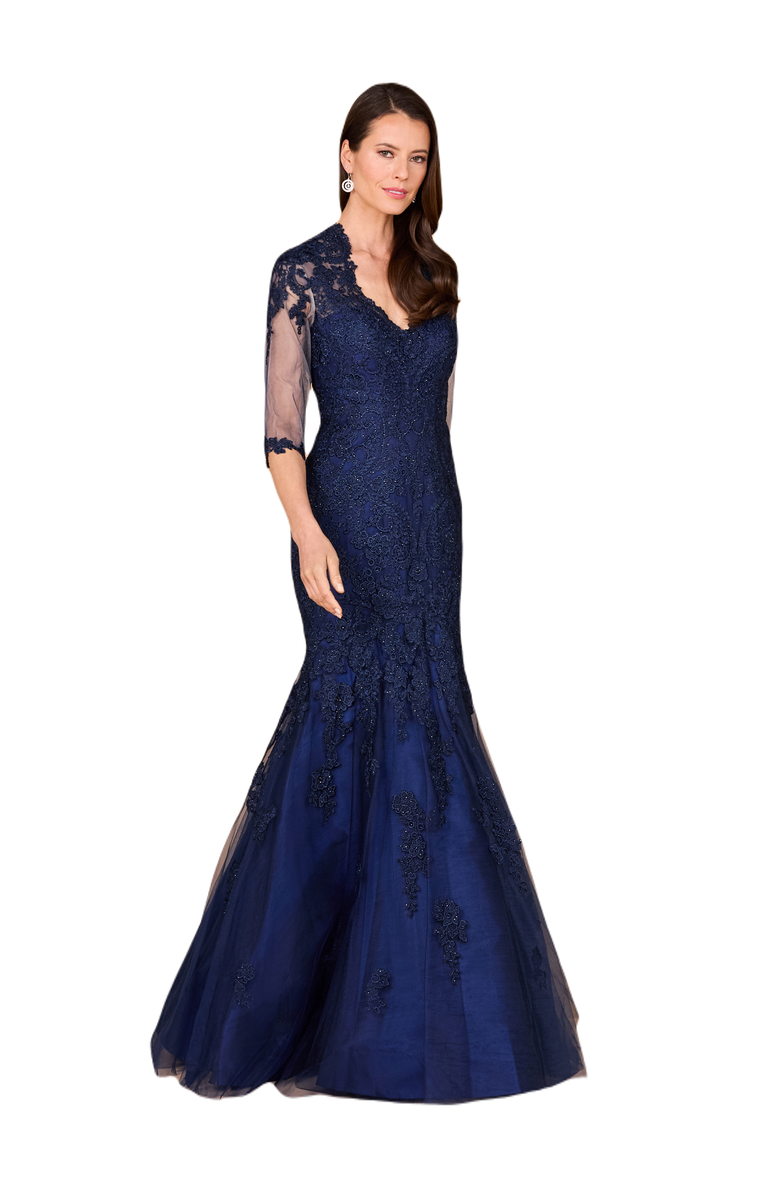 LARA New York Long Sleeve, Mermaid Lace Gown, Main, color, Navy