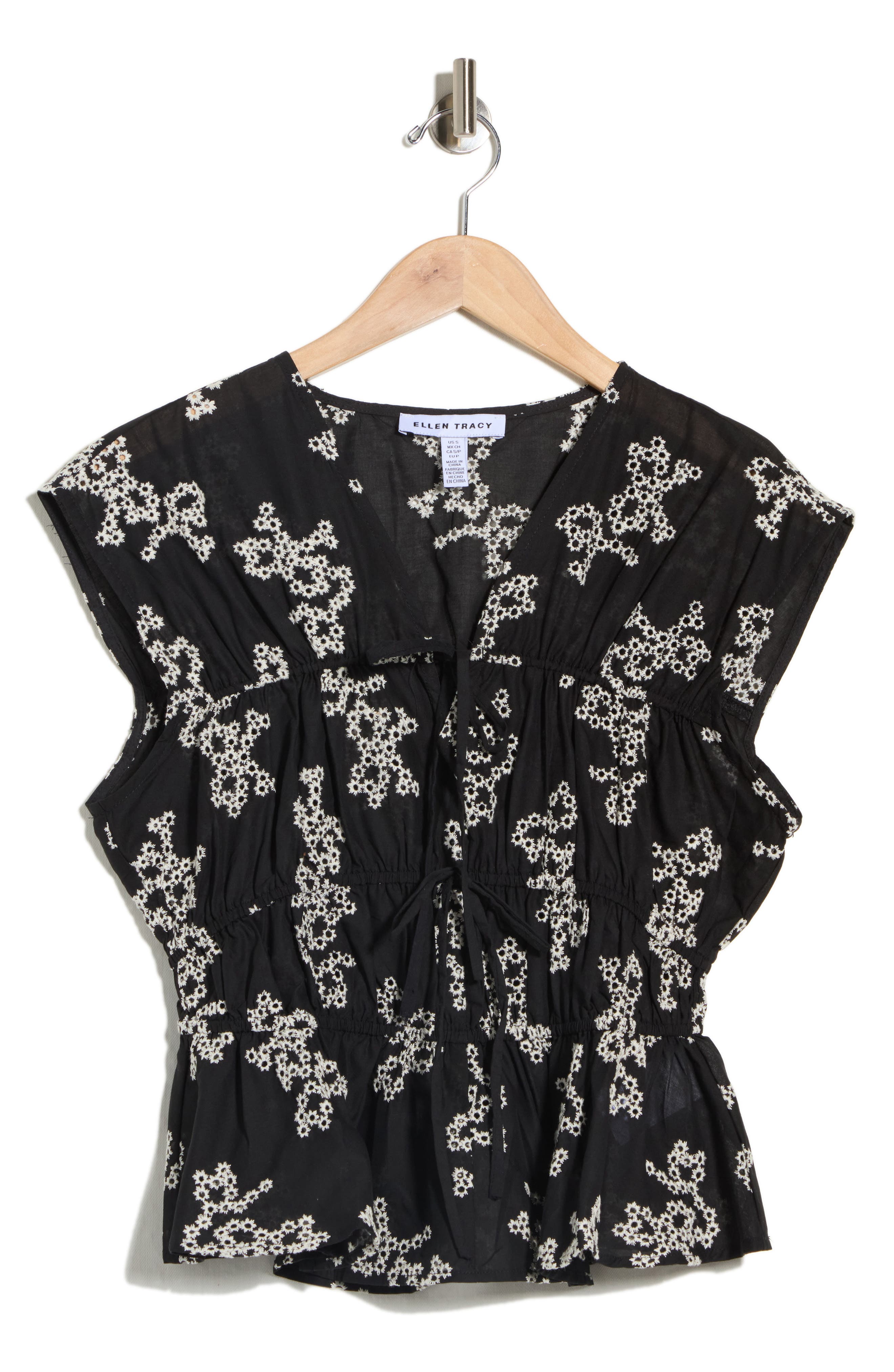 Ellen Tracy Floral Embroidered Sleeveless Cotton Voile Peplum Top