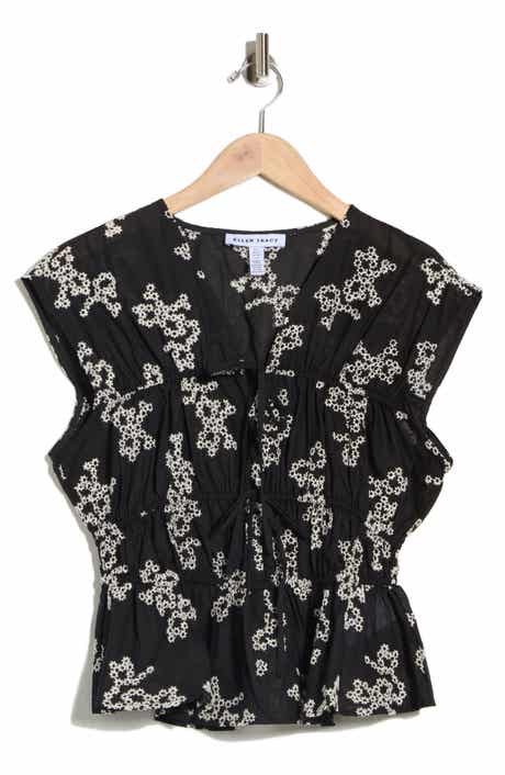 Ellen Tracy Floral Embroidered Sleeveless Cotton Voile Peplum Top