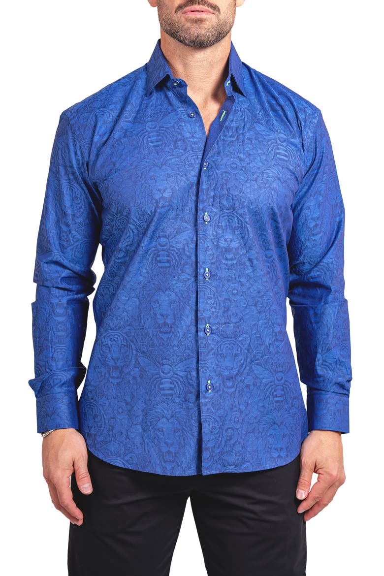 Fibonacci Ascension Contemporary Fit Button-Up Shirt, Main, color, BLUE