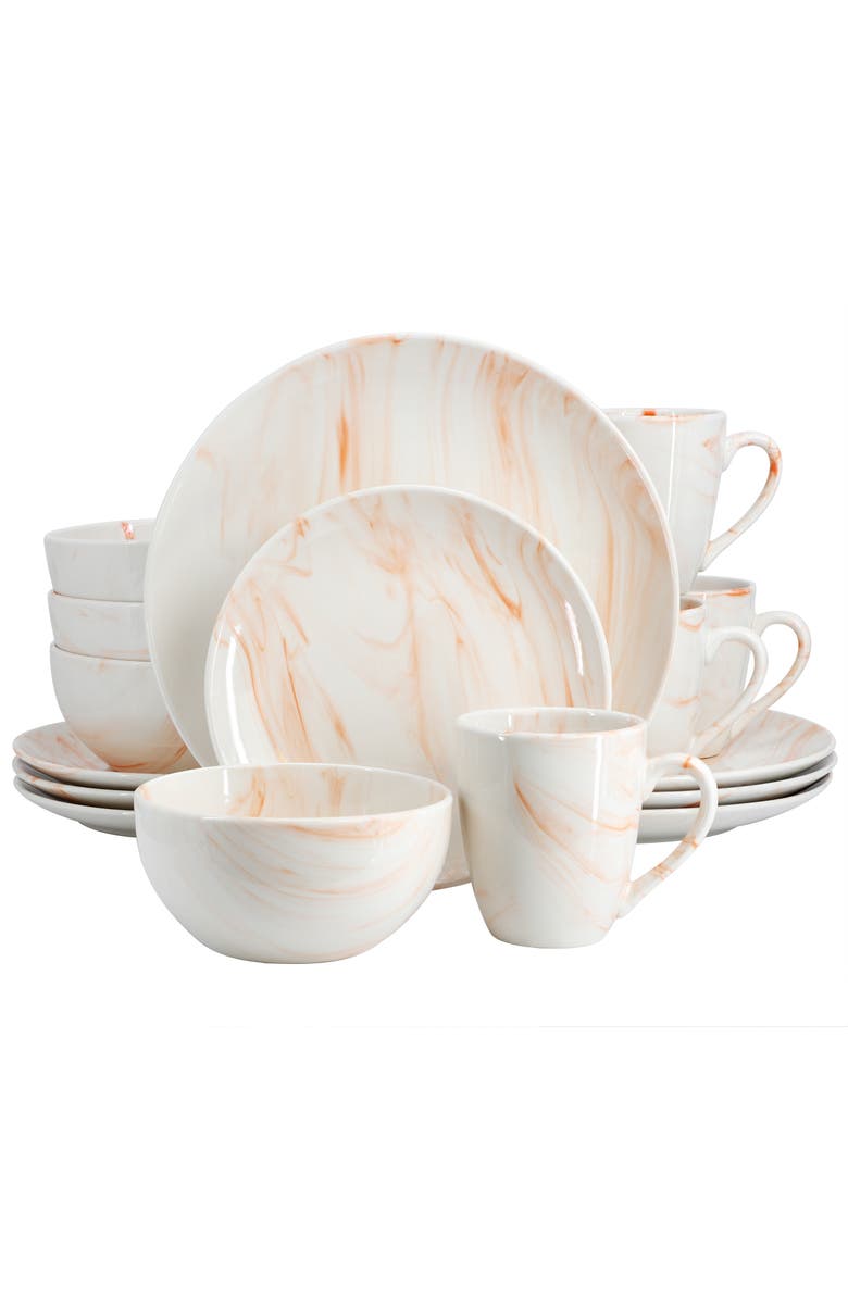 Elama Fine Marble 16 Piece Porcelain Dinnerware Set, Main, color, Orange
