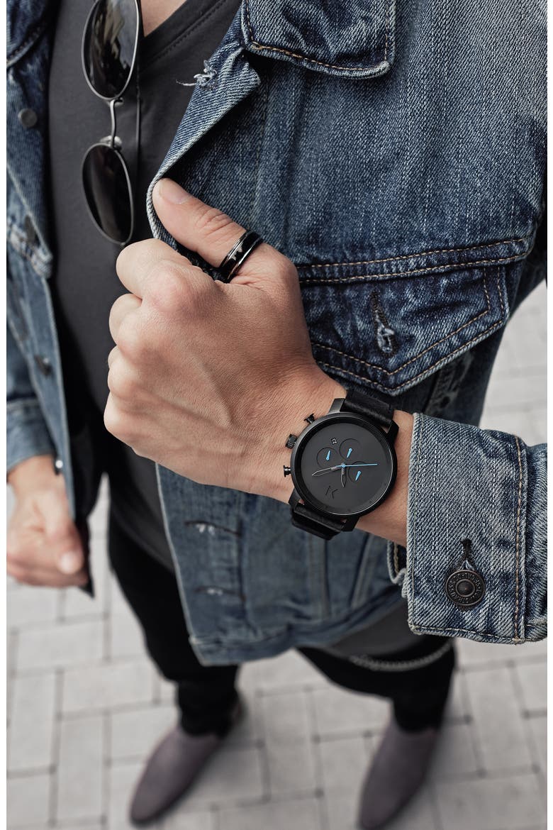 MVMT The Chrono Chronograph Leather Strap Watch, 45mm, Alternate, color, BLACK/ GUNMETAL