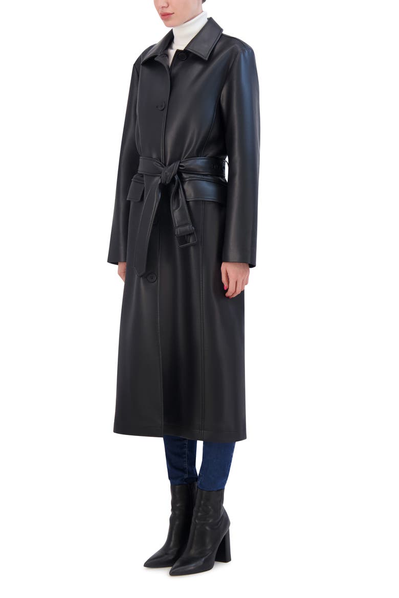 Belted Faux Leather Trench, Alternate, color, BLACK