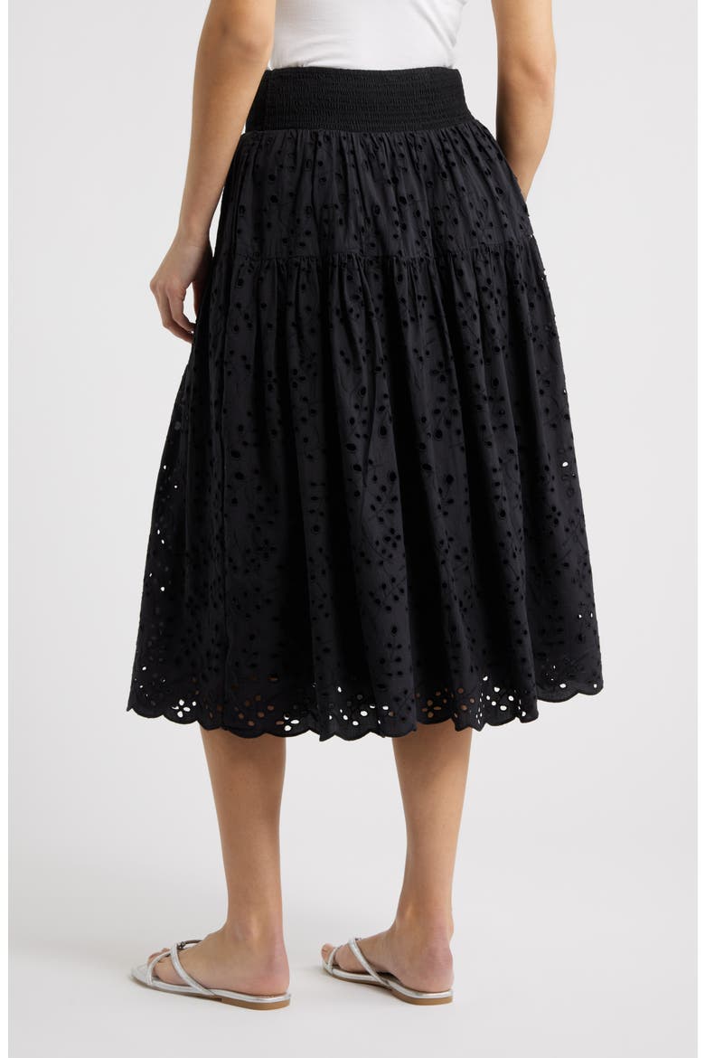 Smocked Waist Eyelet Midi Skirt, Alternate, color, BLACK