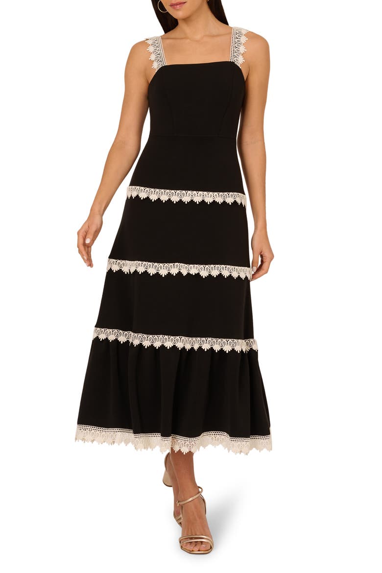 Lace Trim Midi Sundress, Main, color, BLACK/ ECRU