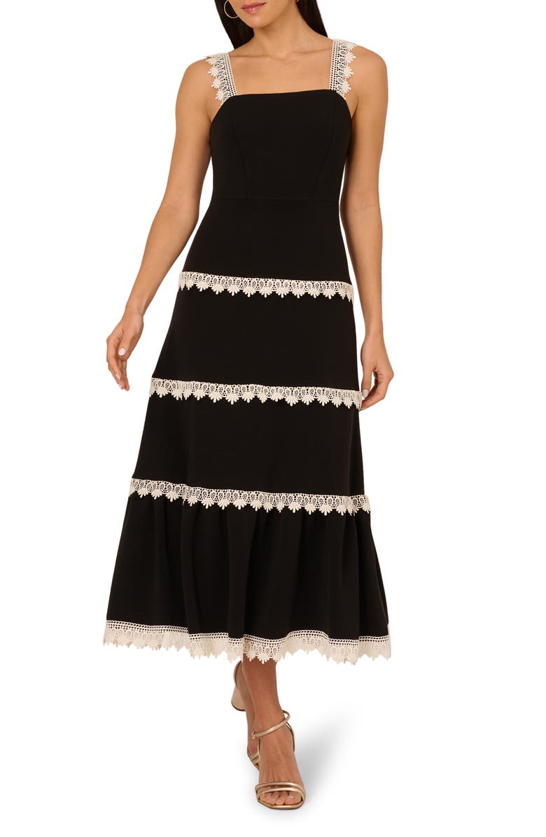 Adrianna Papell Lace Trim Midi Sundress, Main, color, Black/ Ecru