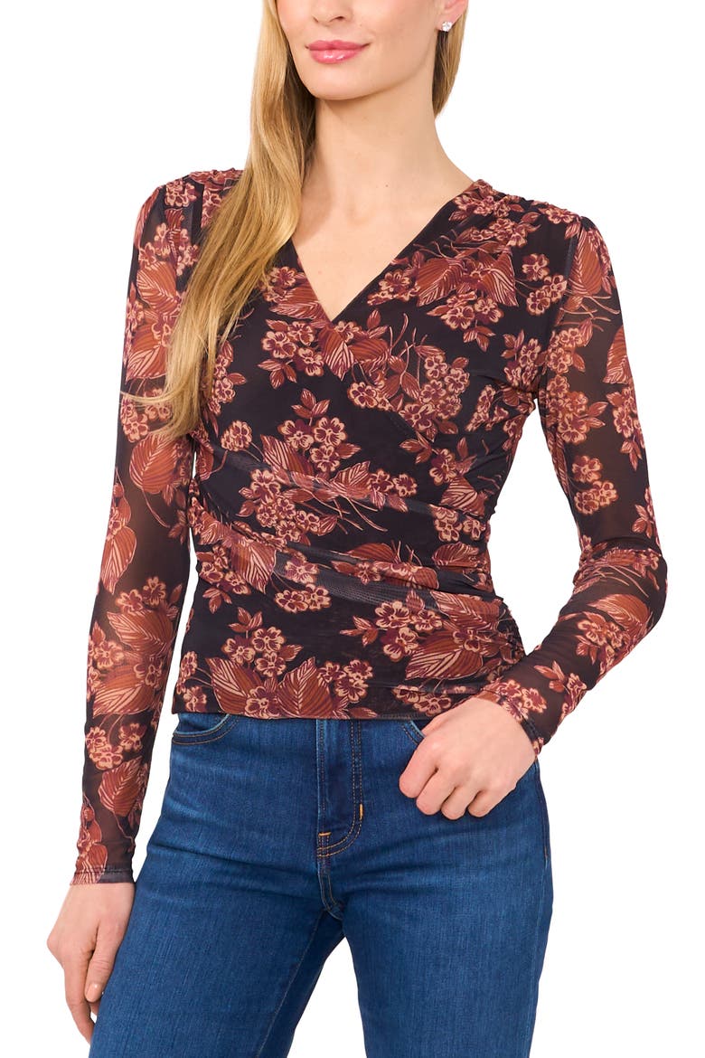 Floral Long Sleeve Mesh Top, Main, color, LEATHER BROWN