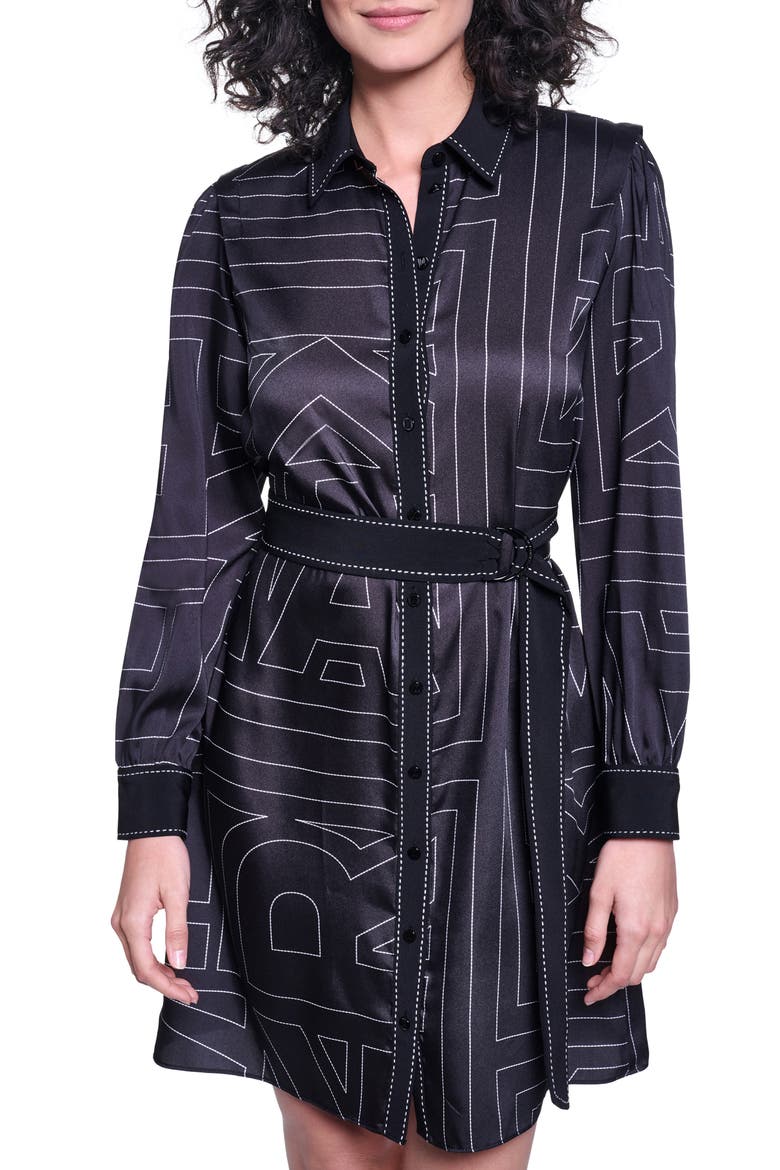 Printed Silky Crepe Long Sleeve Shirtdress, Alternate, color, BLACK SOFT WHITE