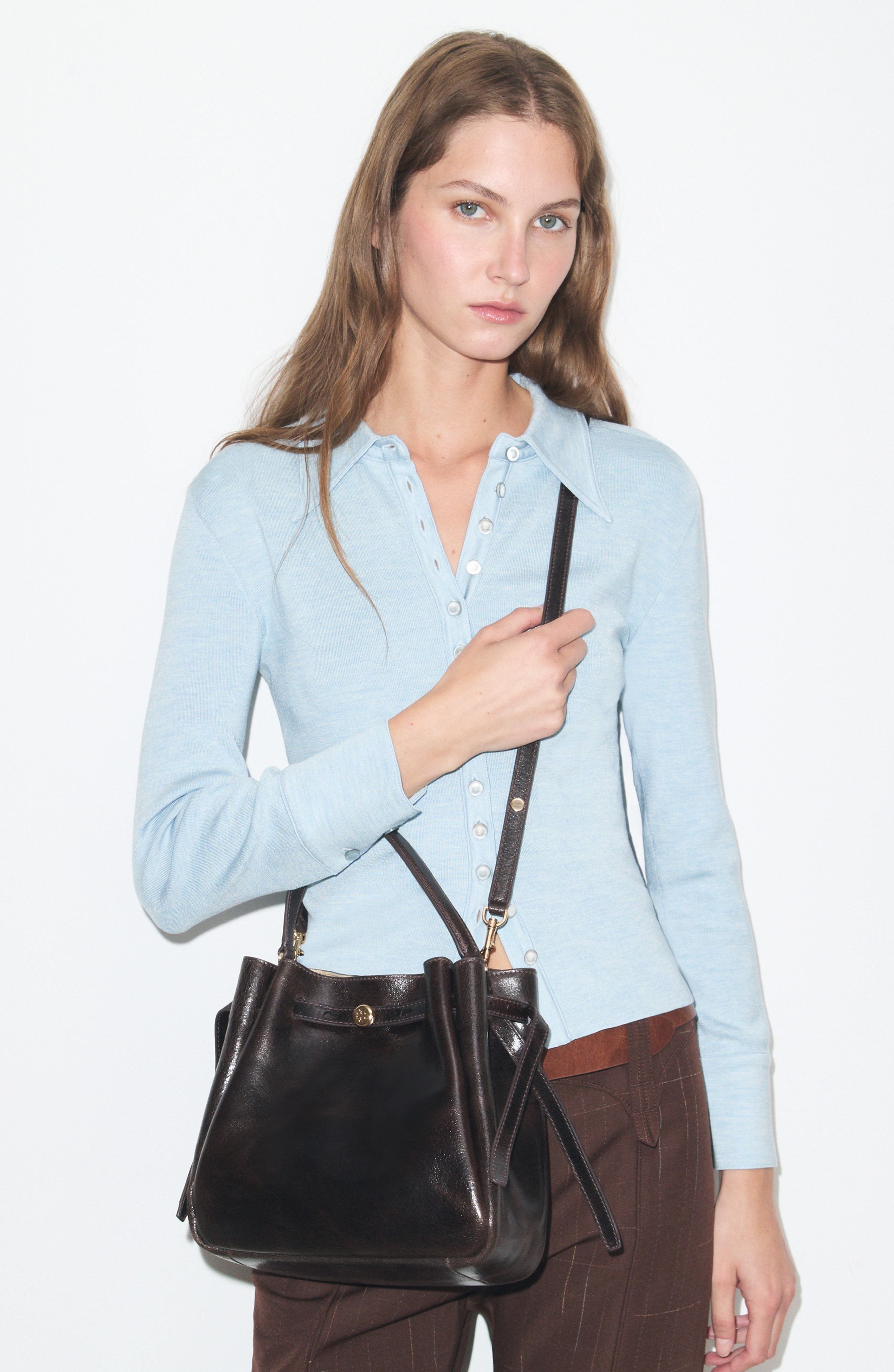 Romy Distressed Leather Bucket Bag, Alternate, color, DARK BROWN