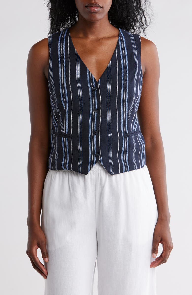 Ellen Tracy Taillored Stripe Button Front Vest, Main, color, Navy Stripe