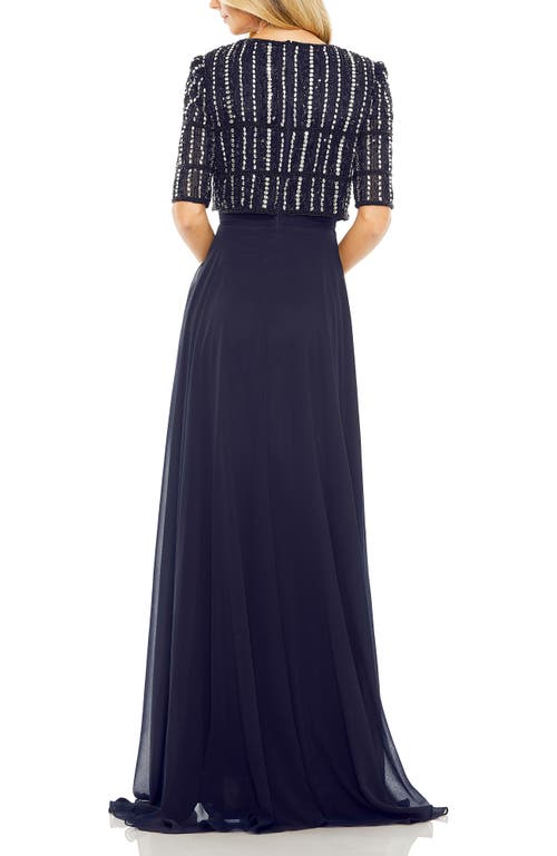 Mac Duggal Fully Beaded 3/4 Sleeve Top Chiffon Gown In Midnight