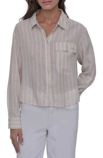Dkny Jeans Stripe Crop Linen Blend Button-up Shirt In Light City Khaki/ivory