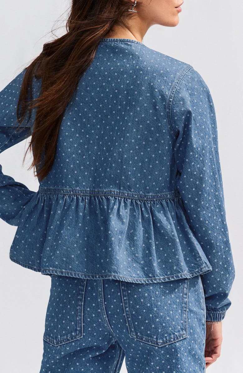 Polka Dot Tie Front Peplum Denim Top