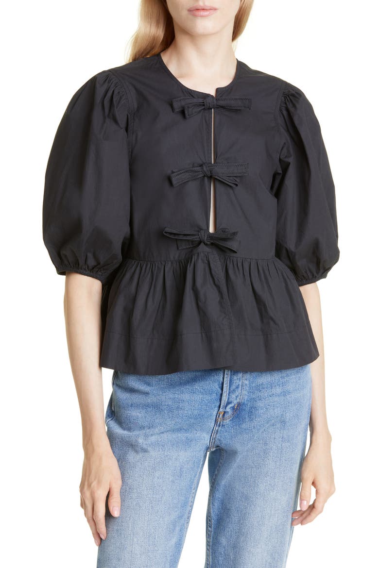 Puff Sleeve Organic Cotton Poplin Peplum Blouse, Main, color, BLACK