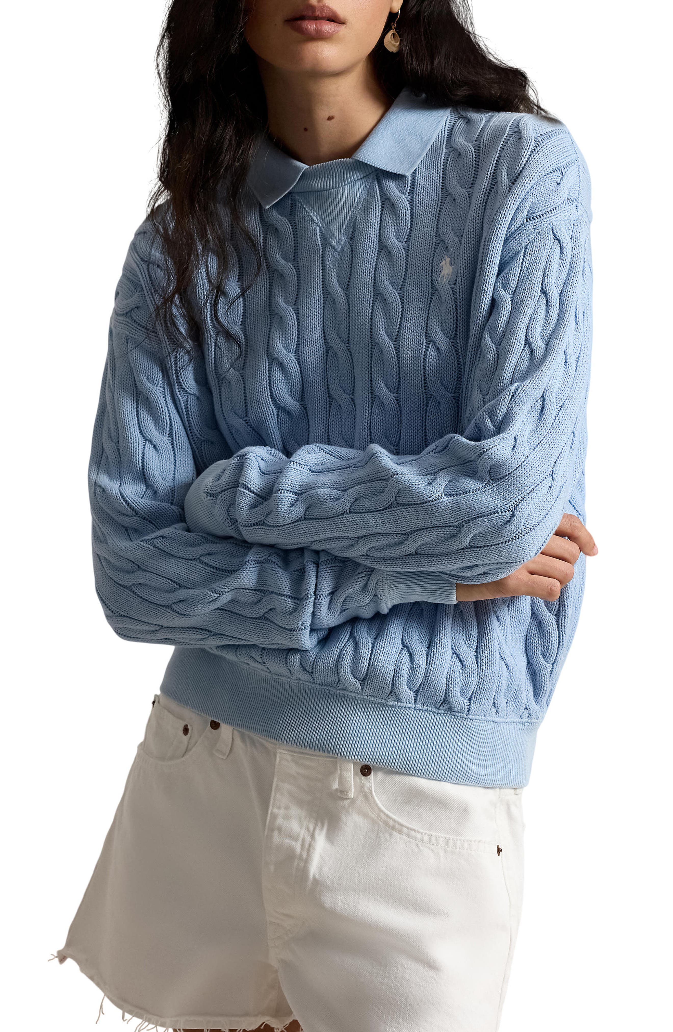 Layered Collar Cable Stitch Cotton Sweater