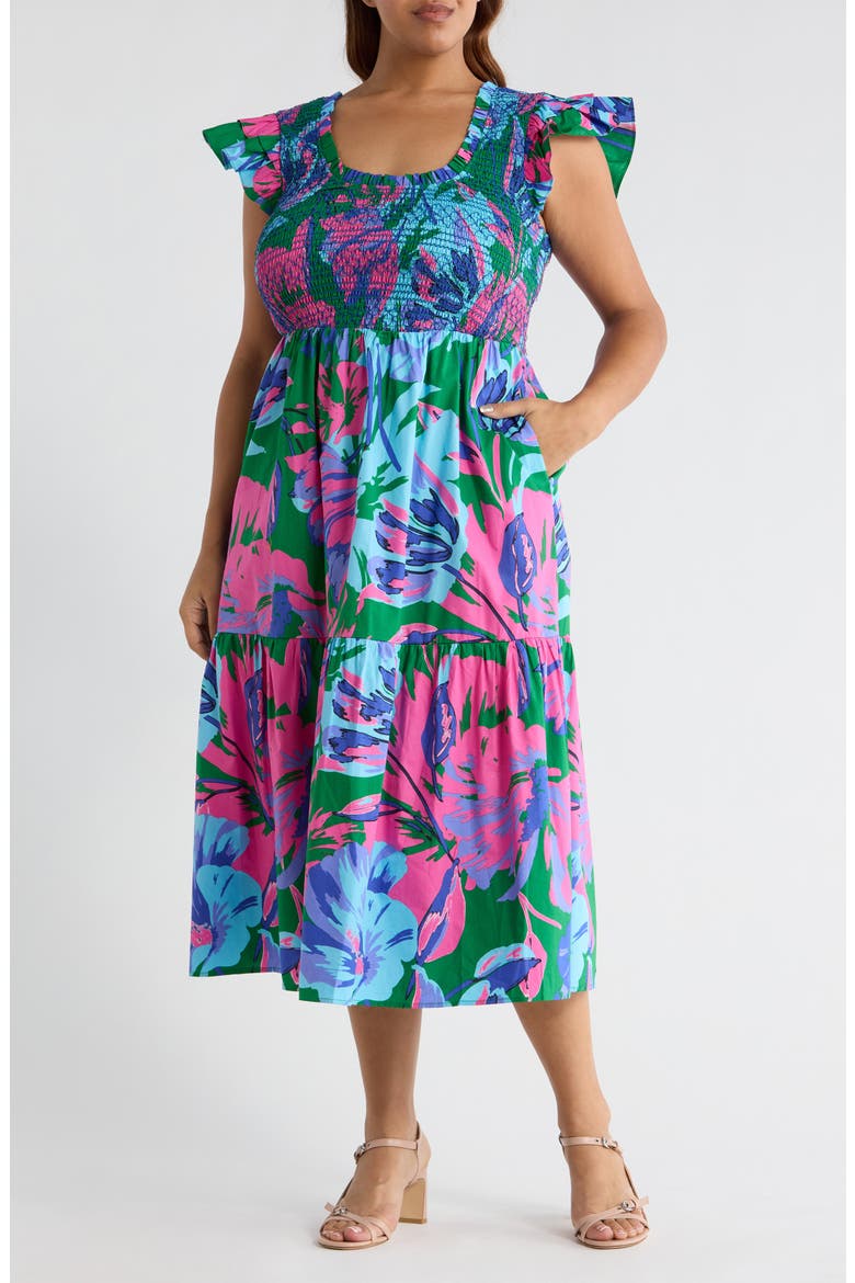 Raylee Floral Wendy Smocked Midi Sundress, Main, color, KELLY-BLUE-MULTI