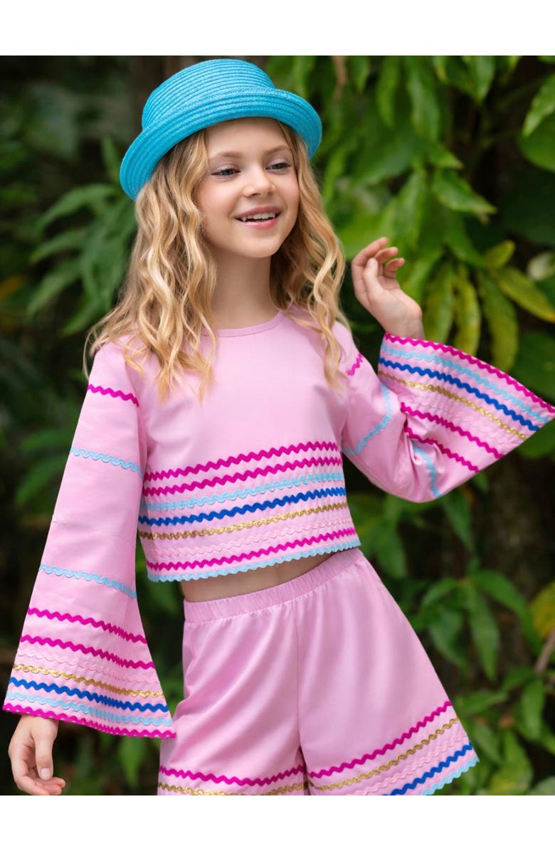 Mia Belle Girls Sunset Waves Cotton Bell Sleeve Top and Short Set, Alternate, color, Pink