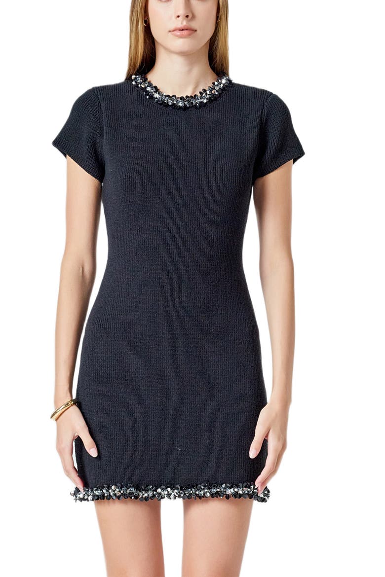 Jewel Trim Knit Minidress, Alternate, color, BLACK