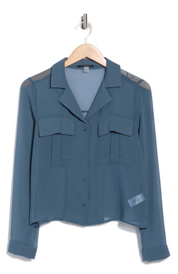 T Tahari Print Long Sleeve Crop Blouse In Blue