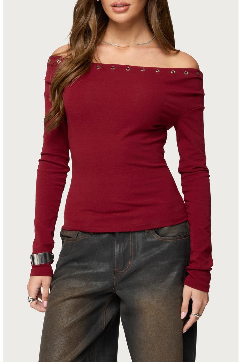 Rebekka Grommet Off the Shoulder Sweater, Main, color, BURGUNDY