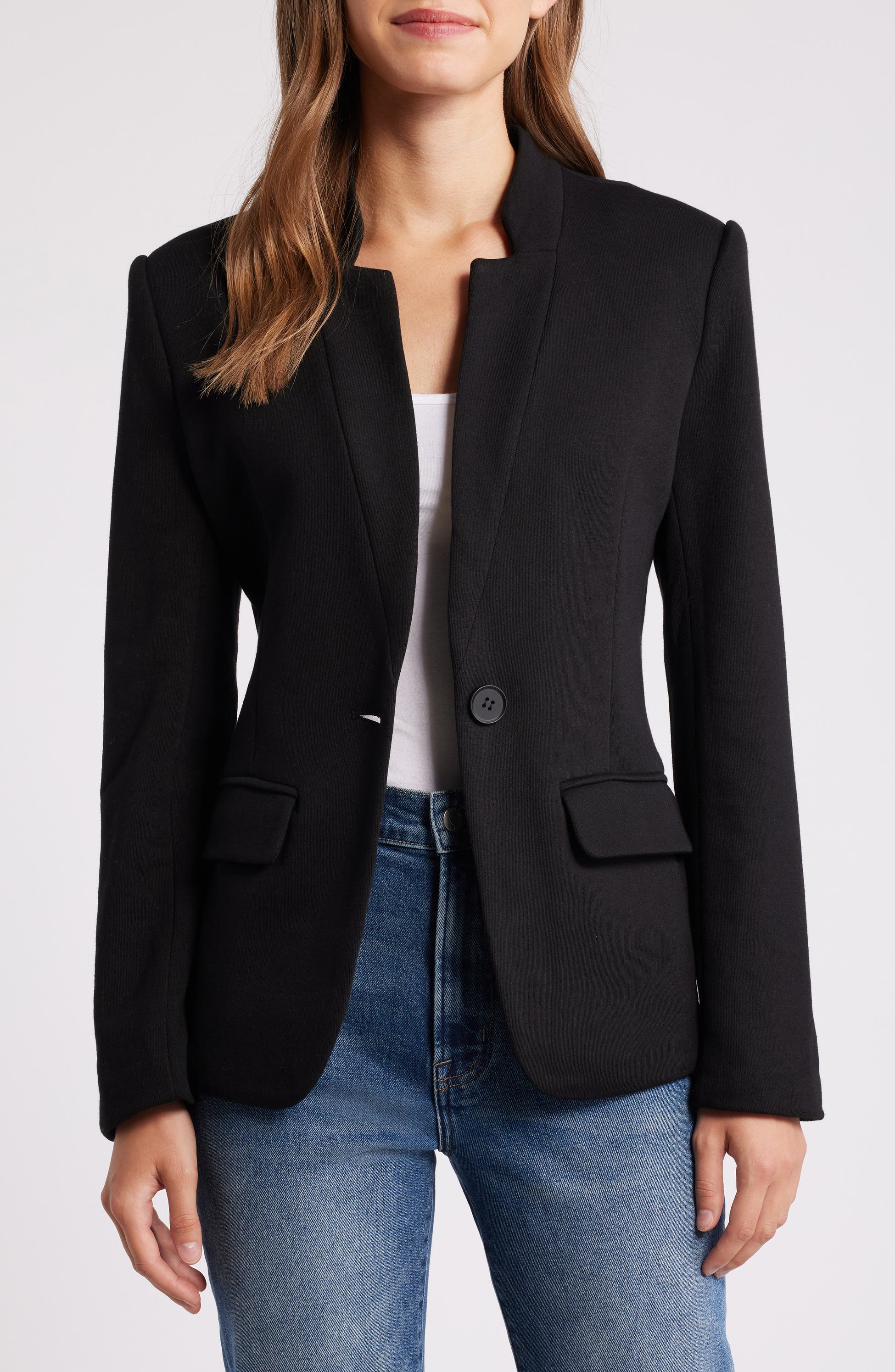 GIBSONLOOK Inverted Notch Collar Cotton Blend Knit Blazer, Main, color, Black