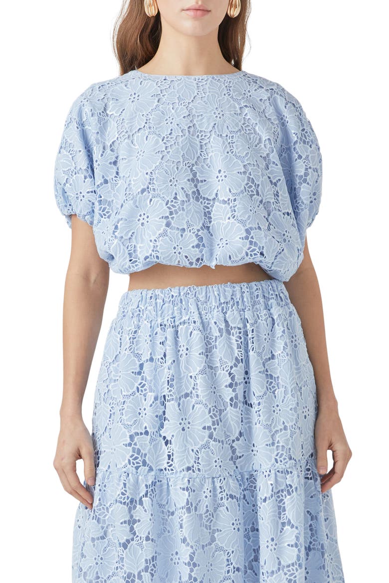 Sequin Lace Voluminous Crop Top, Main, color, POWDER BLUE
