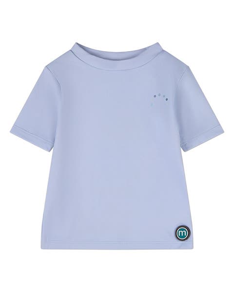 Kids' Quick-Drying Short-Sleeve Solid-Blue Rash Guard Swim Tee