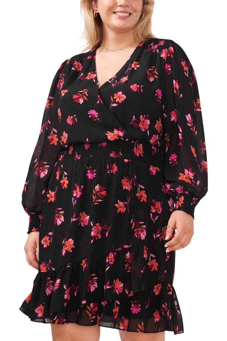 Smocked Floral Print Ruffle Long Sleeve Minidress, Alternate, color, POMEGRANATE PINK