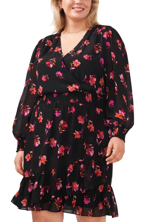 Vince Camuto Smocked Floral Print Ruffle Long Sleeve Minidress