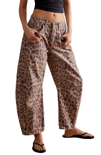 Free People Leopard Print Barrel Leg Jeans