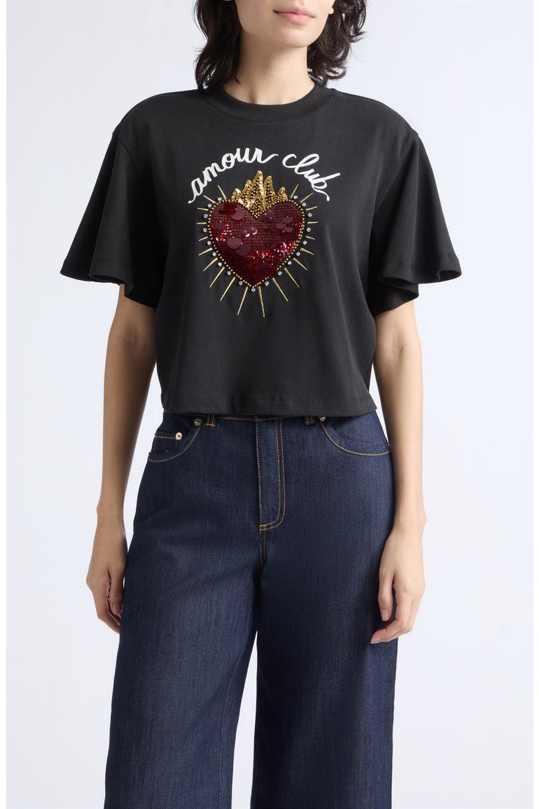 Orsa Flutter Sleeve Sequined Heart Graphic T-Shirt, Main, color, BLACK